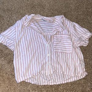 Forever 21 Cropped Stripped Button Up Tee Shirt